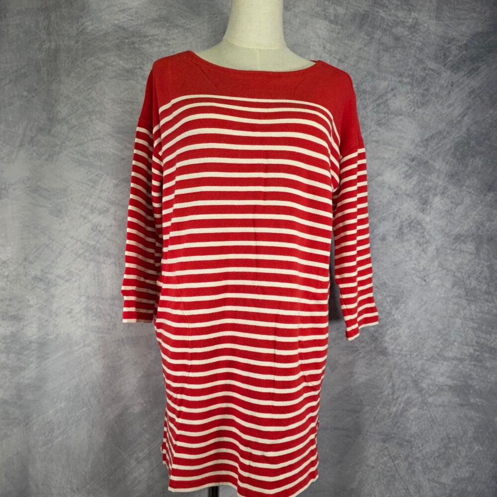 J Crew Top Womens Medium Red White Striped Tunic 3/4 Sleeve Cotton Pockets